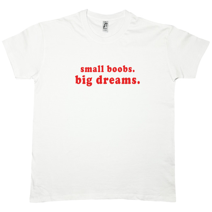 Футболка белая "Small boobs, big dreams" Кіт.Дарує