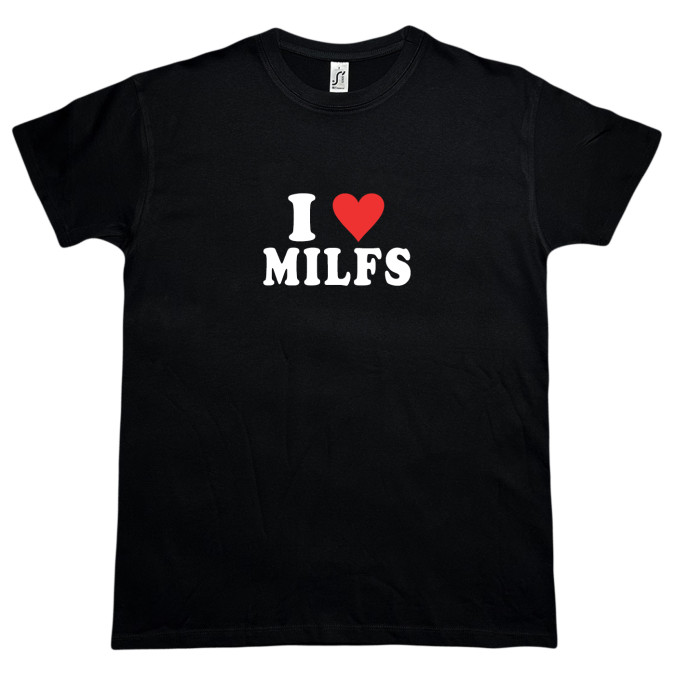 Футболка чорна "I LOVE MILFS" Кіт.Дарує