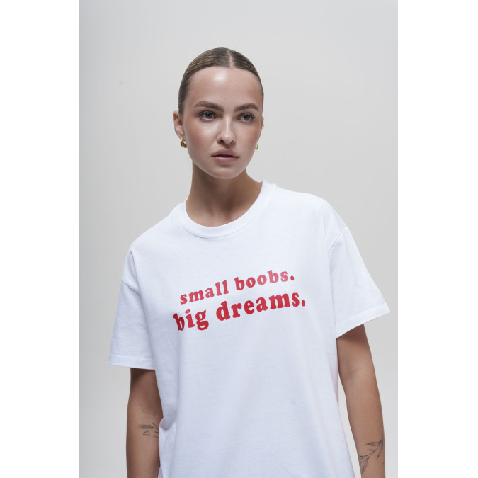 Футболка белая "Small boobs, big dreams" Кіт.Дарує