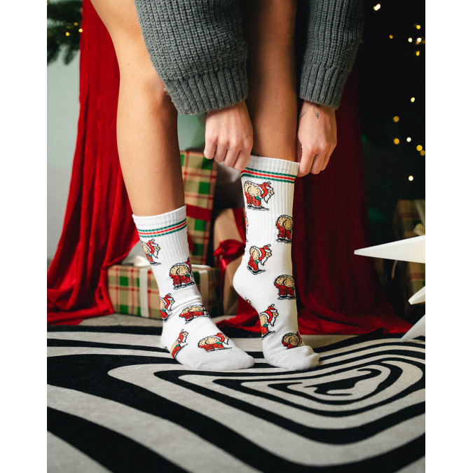 Носки белые теплые "Santa Ass" с махрой на стопе Кіт.Дарує