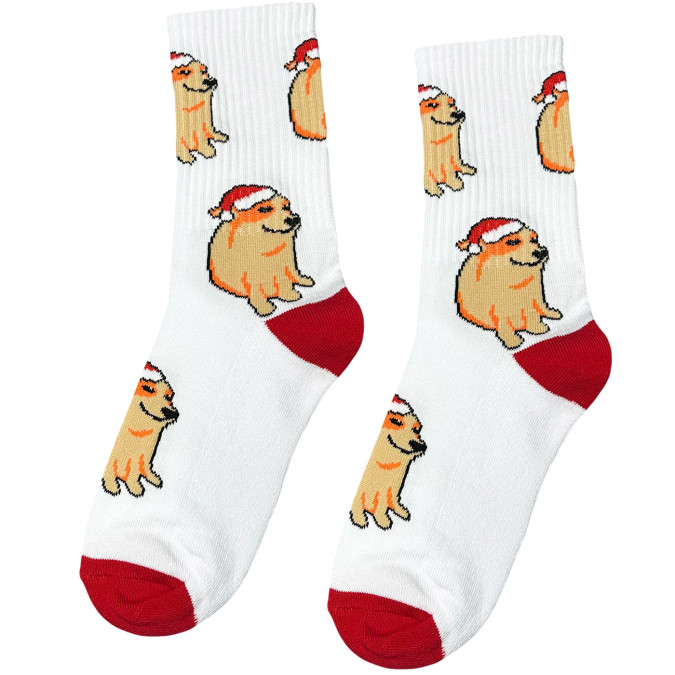 Шкарпетки білі теплі "Corgi Santa" з махрою на стопі Кіт.Дарує